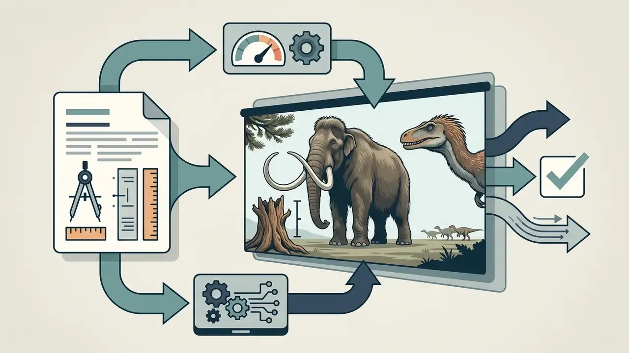 Woolly mammoth and raptor illustrations on a screen with measurement tools and processing workflow icons
