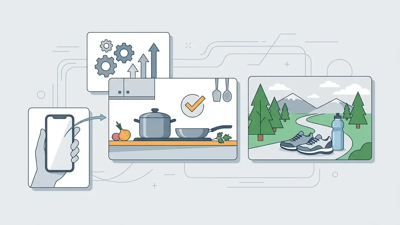 Handheld smartphone connecting to kitchen and outdoor trail scenes to demonstrate environmental placement