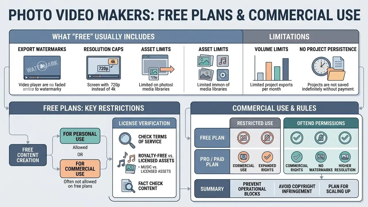 Infographic detailing common free plan limitations, license verification steps, and commercial use rules