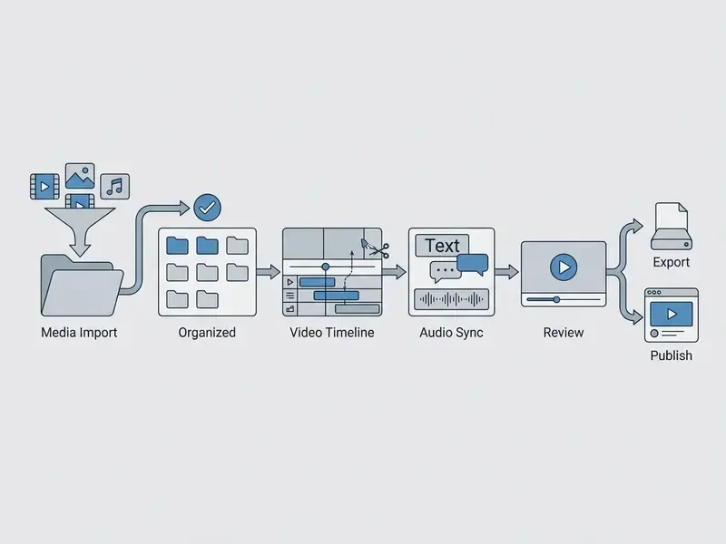 Linear flowchart showing the video production process from media import to final export and publishing