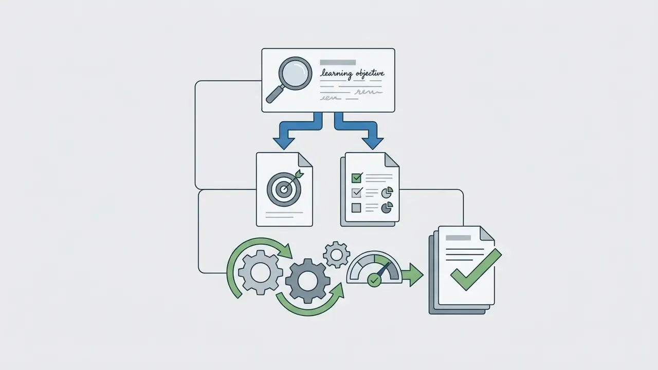 Magnifying glass over learning objectives branching into target and checklist documents processed by gears