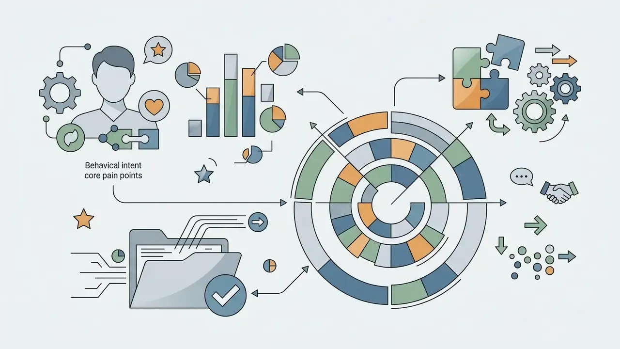 Visual representation of user demographics, data folders, and circular charts connecting to target segments