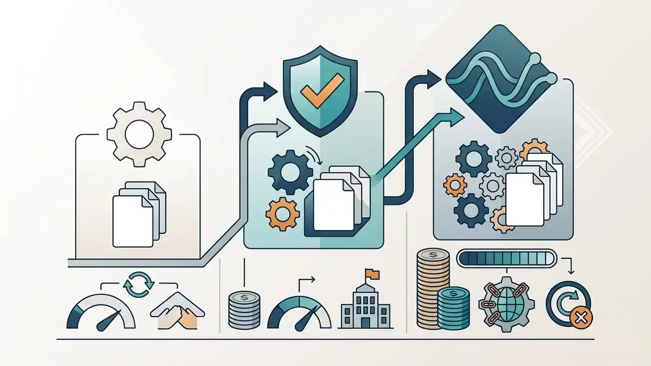 Process steps showing document inputs, security checks, and data transformation with financial icons