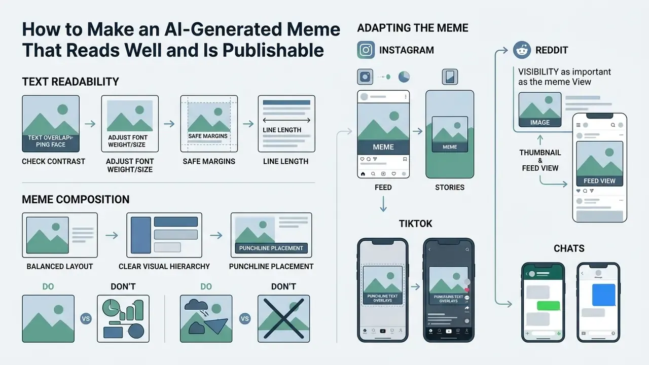 Infographic detailing text readability, composition, and platform-specific adaptation for digital memes