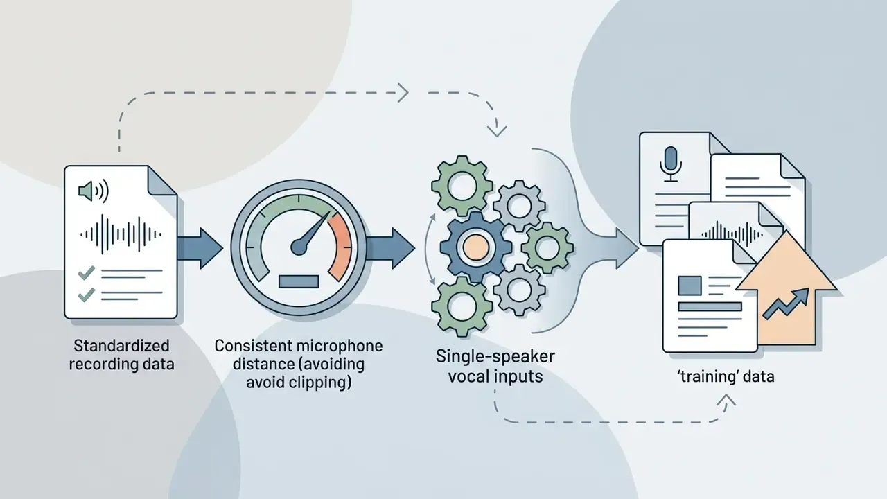 Standardized audio files passing through a gauge and gears to be compiled into optimized training data
