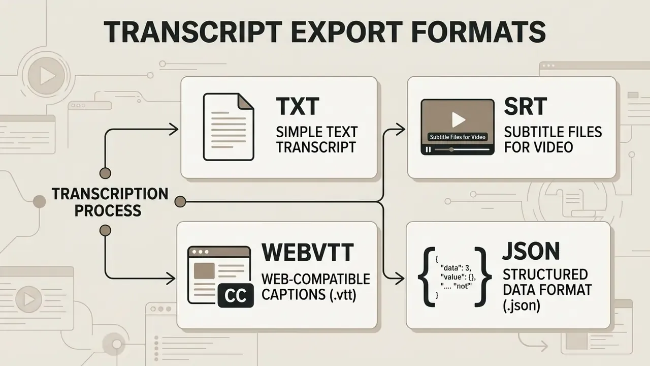 Flowchart showing how a transcription process branches into TXT, SRT, WebVTT, and JSON file formats