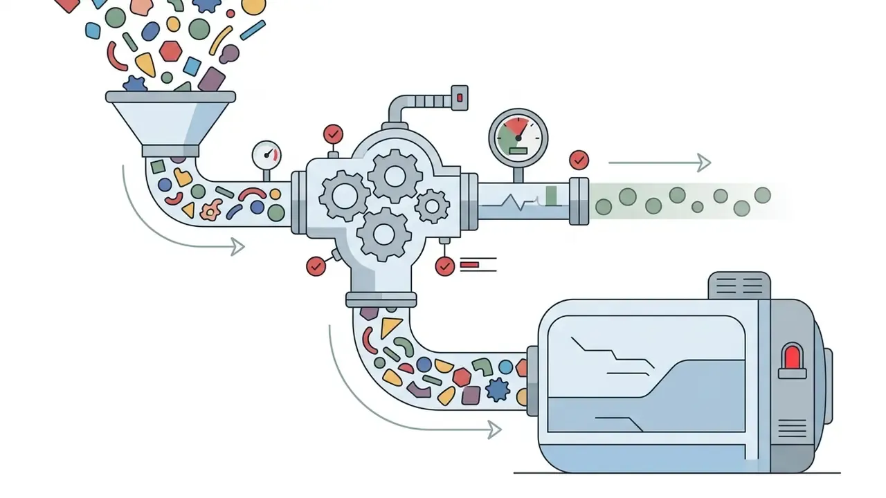 Mechanical system sorting colorful shapes into a processing chamber and a separate output pipe