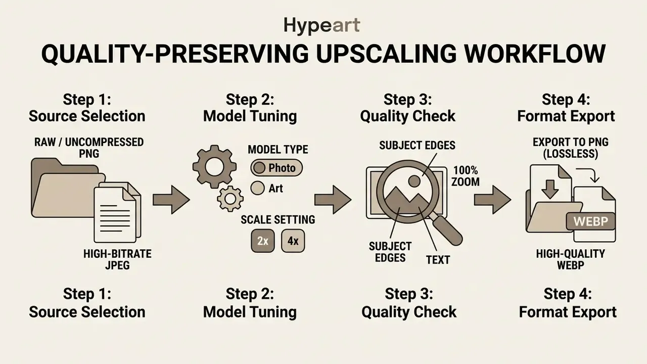 Four step process for image upscaling starting with source selection and ending with format export