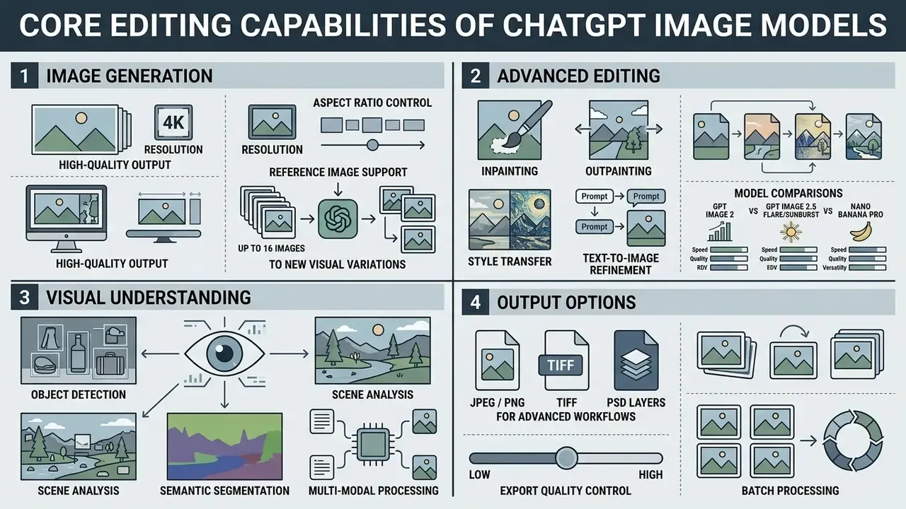 Infographic showing four sections detailing visual processing, generation, and output workflows
