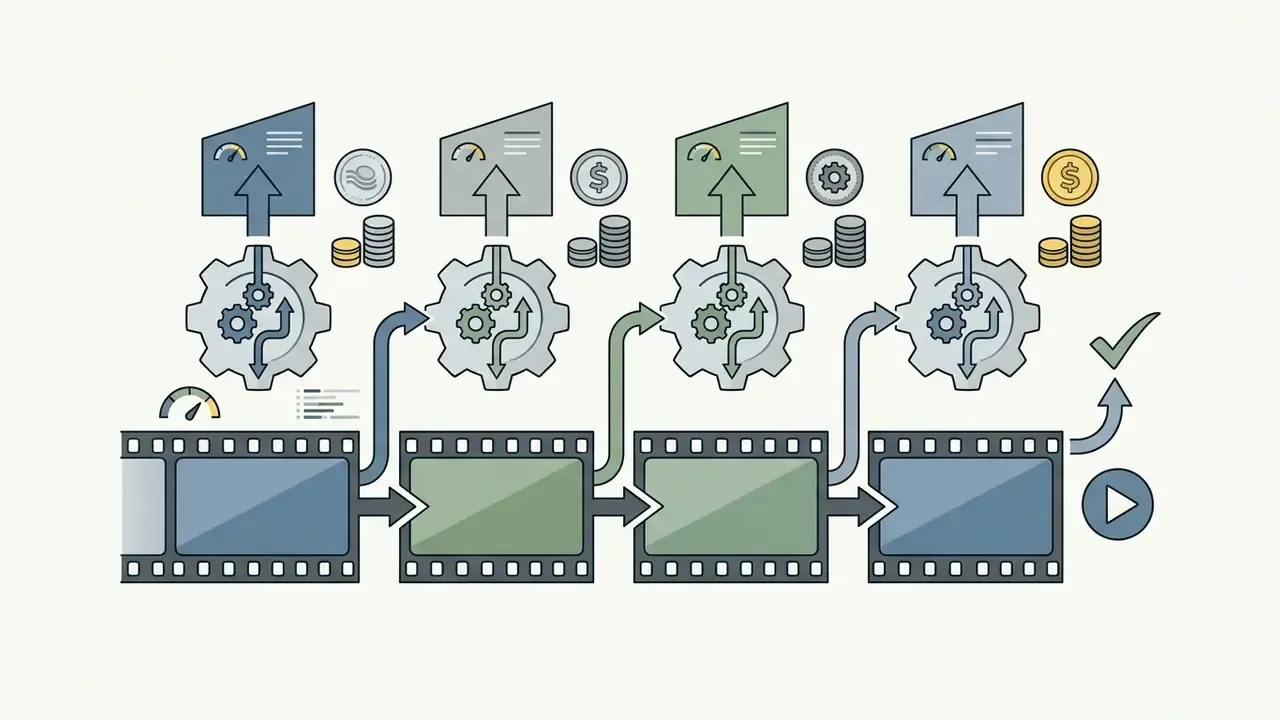Film strip segments feeding into gears that generate performance metrics and increasing coin stacks