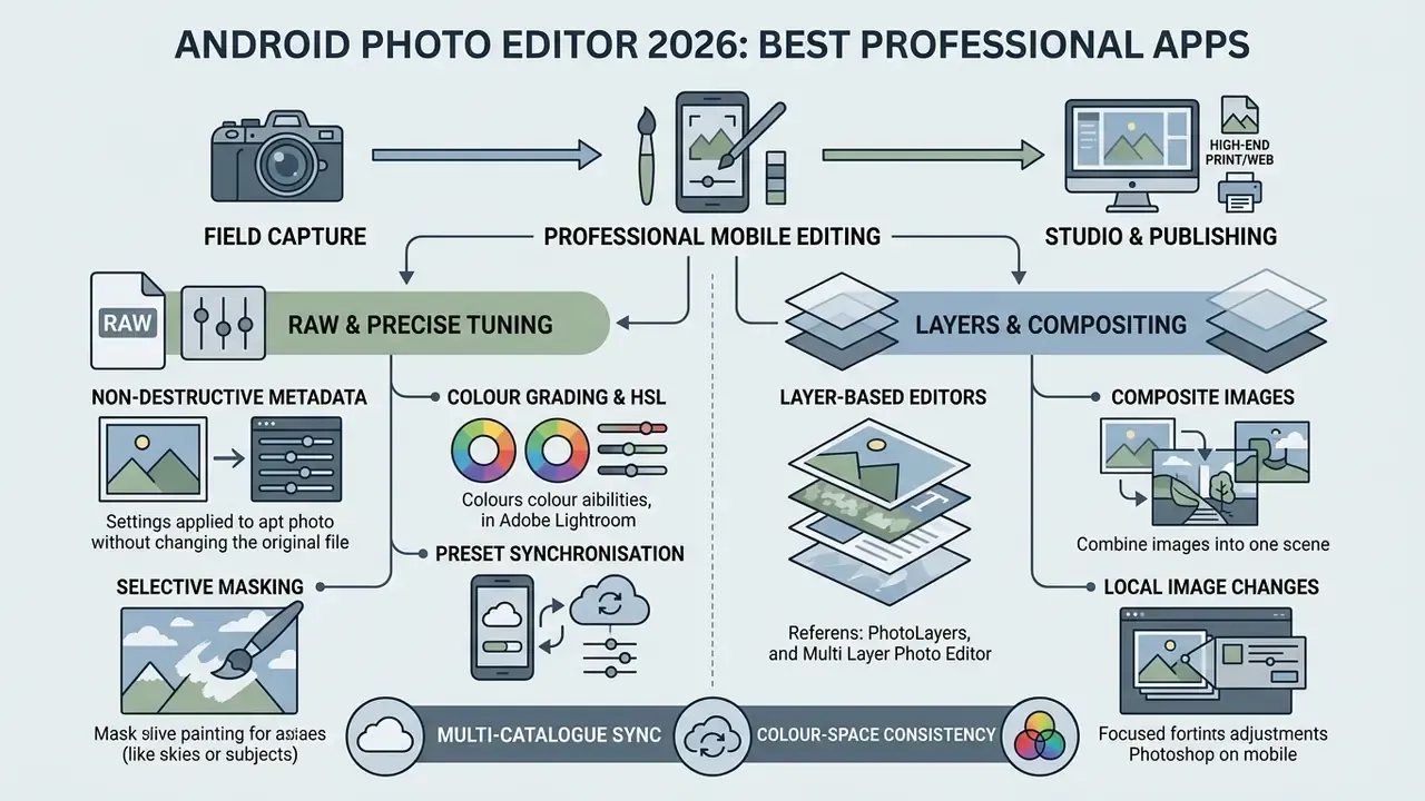 Diagram detailing professional mobile workflows from field capture to layer-based compositing and publishing