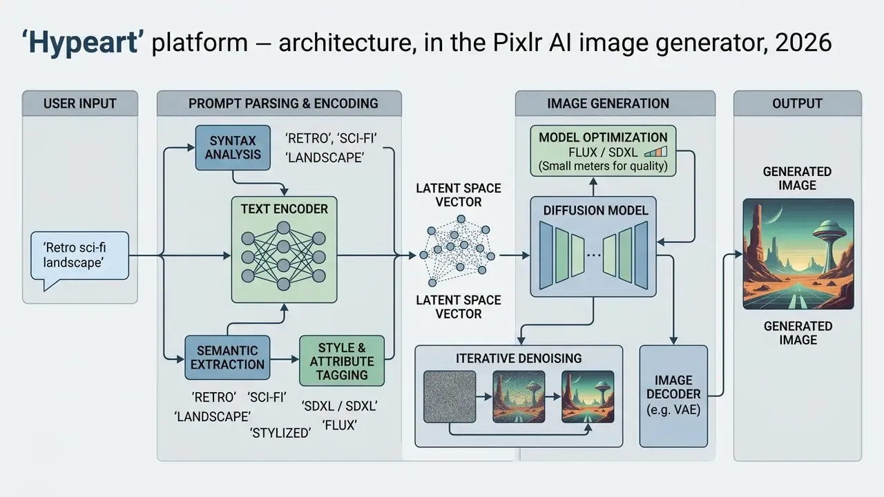 Flowchart detailing the Pixlr AI process from text prompt parsing to final image generation