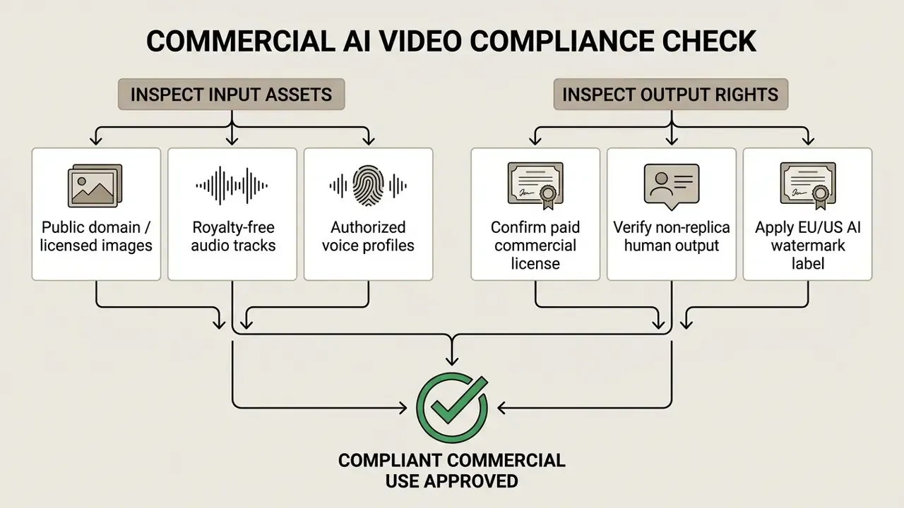 Decision tree outlining steps for verifying assets and rights to ensure legal funny AI video production
