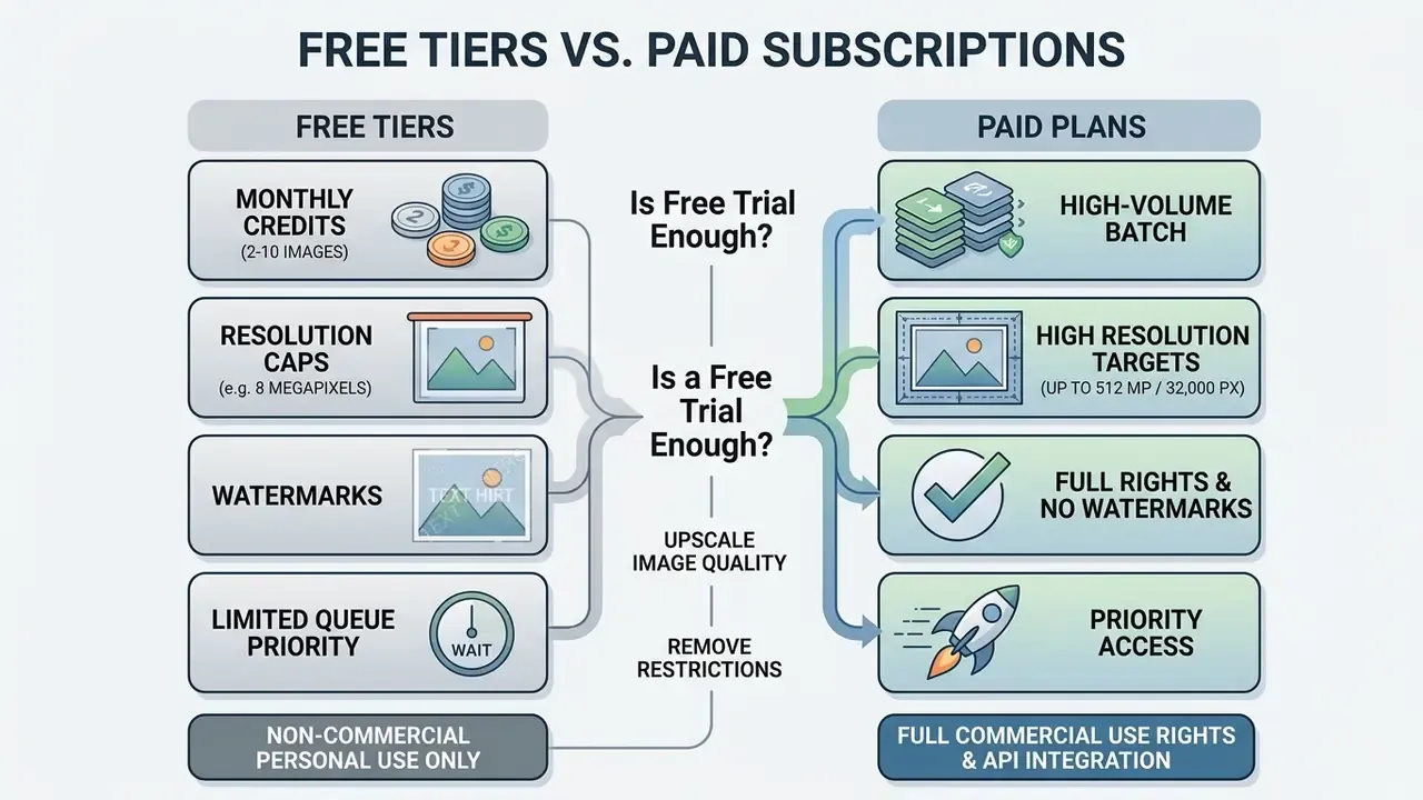Side by side comparison chart highlighting the differences between free and paid AI image upscaler plans