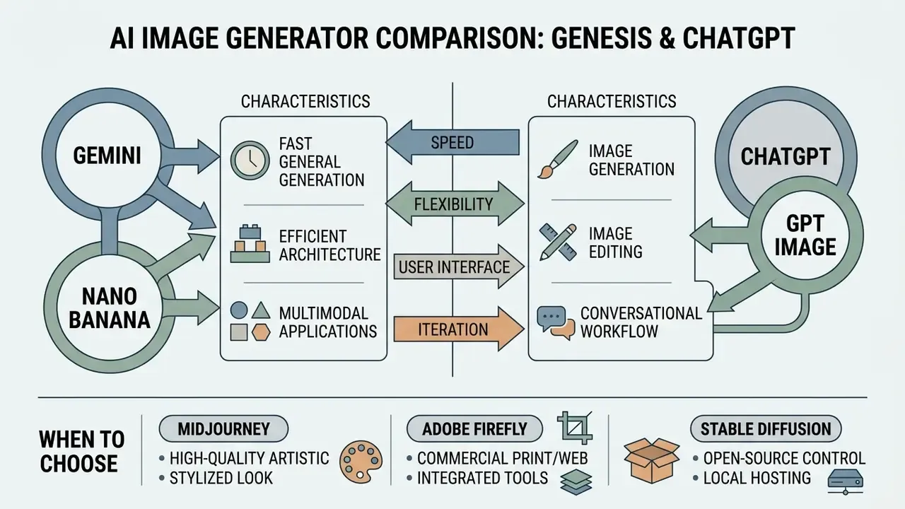 Diagram contrasting Gemini and Nano Banana capabilities with ChatGPT and GPT Image features