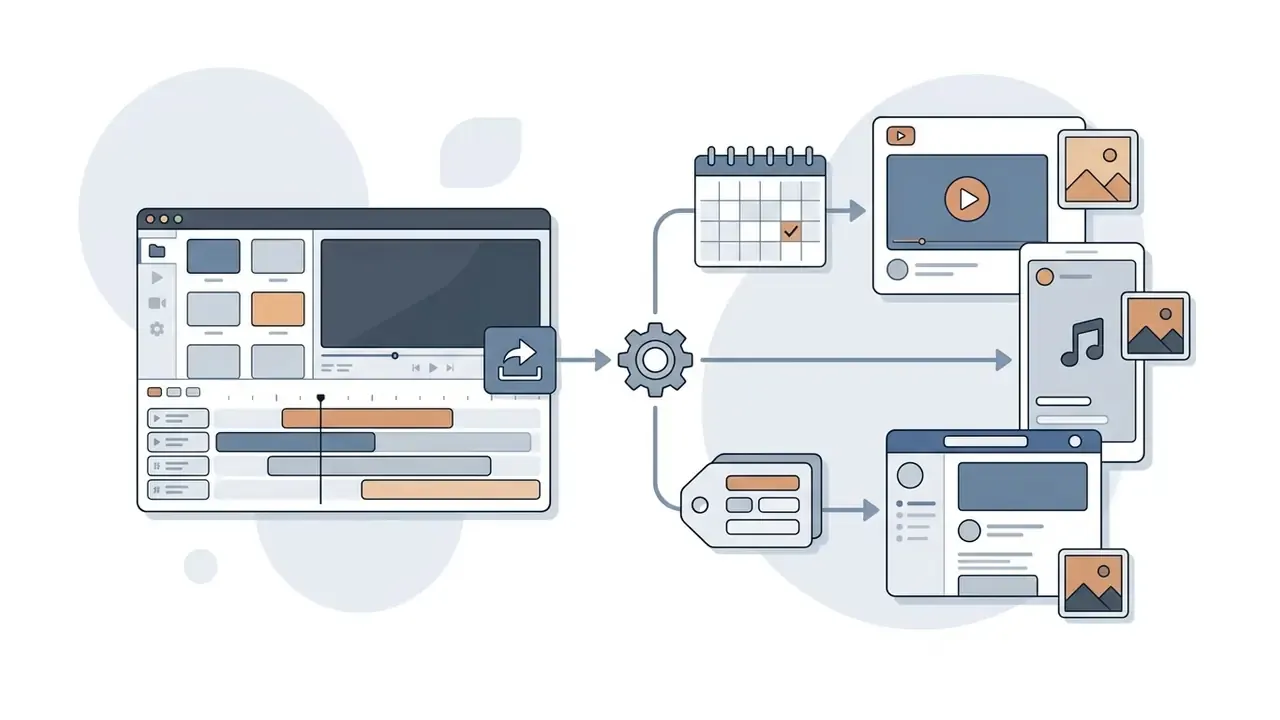 Editing interface exporting content to a scheduler, tag manager, and various social media platforms