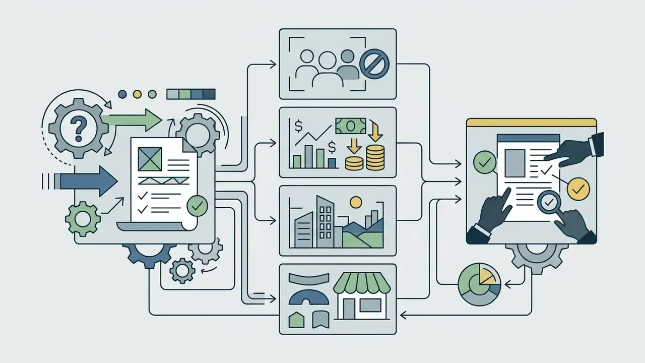System processing document categories into a central review workflow with multiple hands checking files