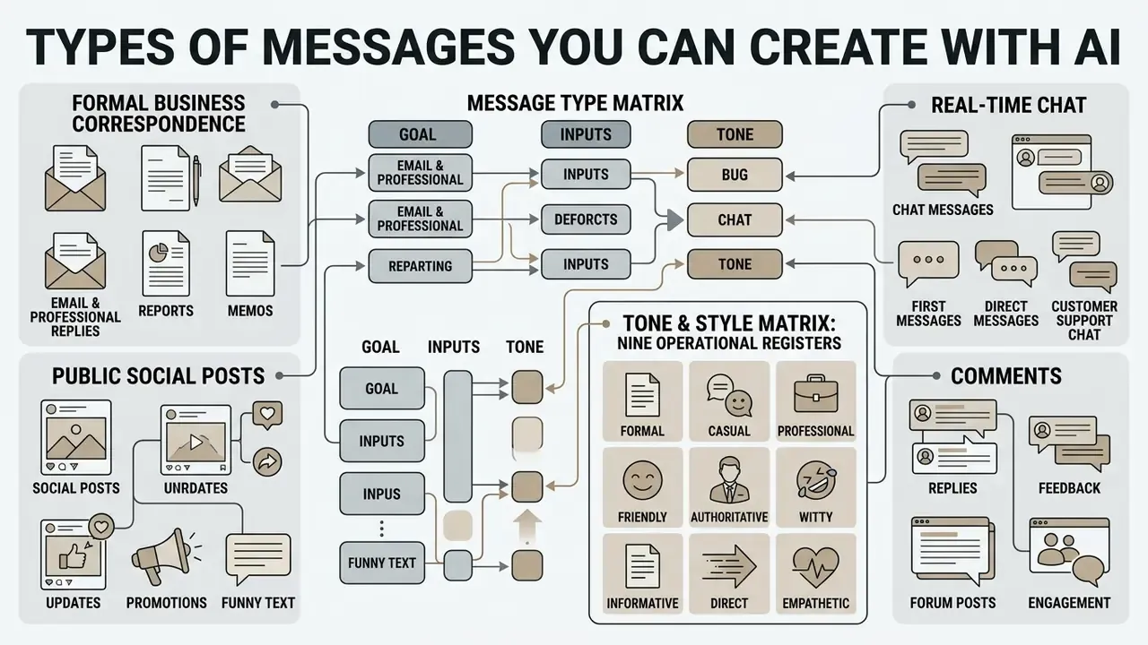 Flowchart displaying communication categories connected to goal, input, and tone matrices for text generation