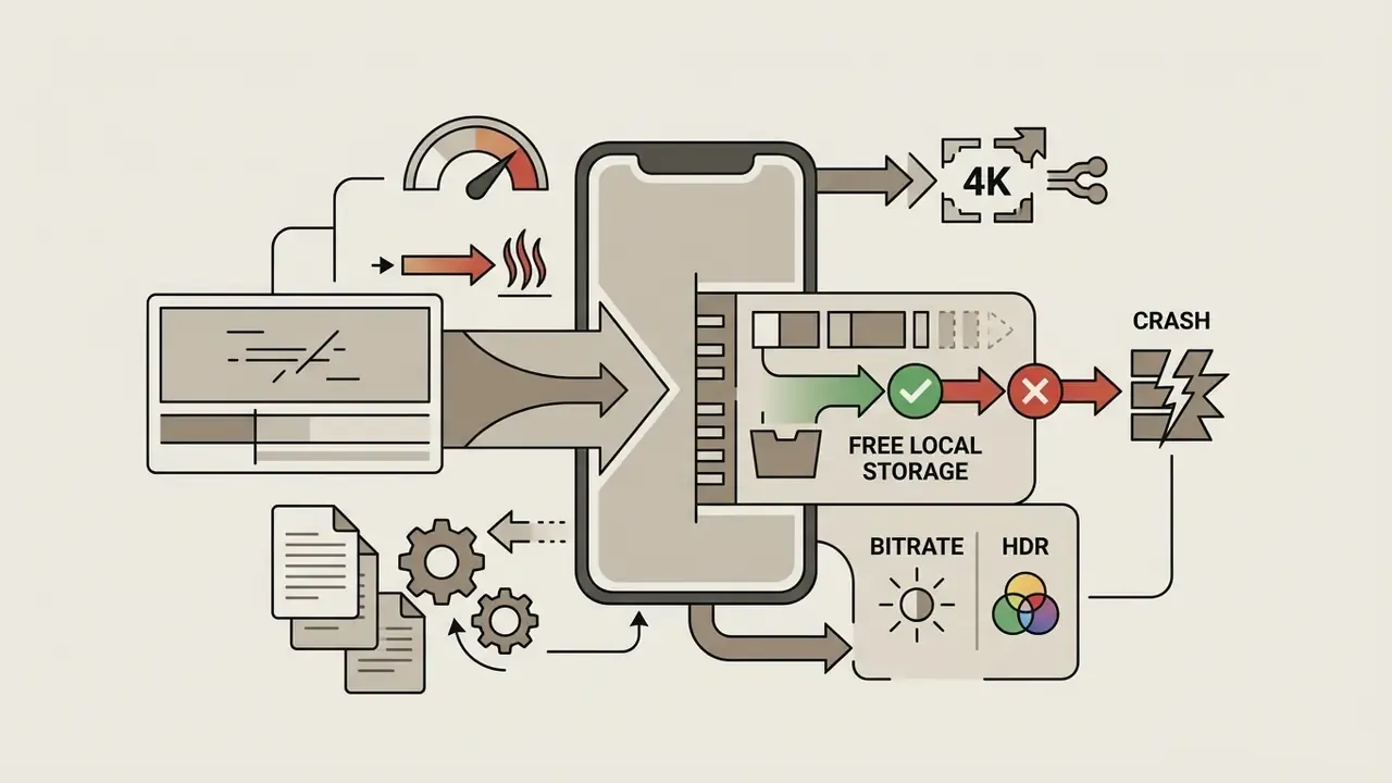Diagram showing how insufficient local storage and high bitrate settings lead to mobile app crashes