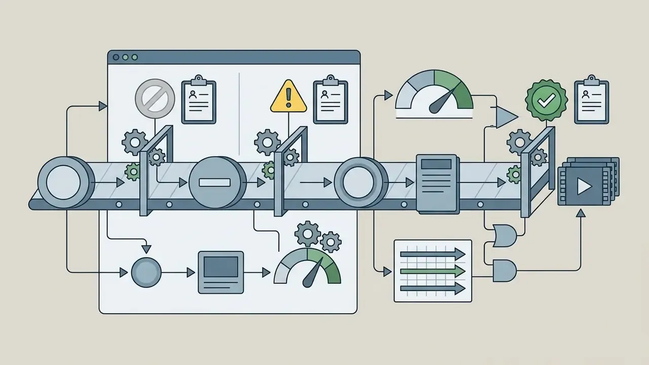Conveyor belt system with checkpoints and status icons for reviewing and approving video assets