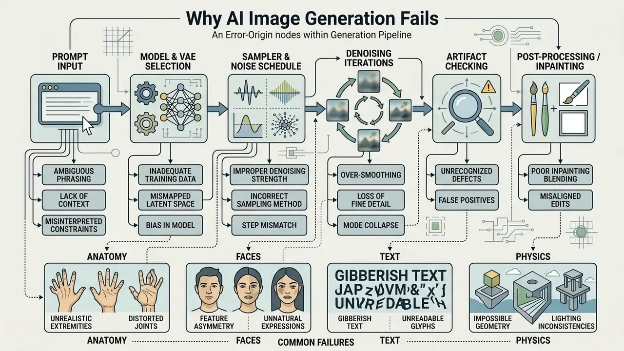Flowchart detailing the AI image generation pipeline and specific stages where errors can originate