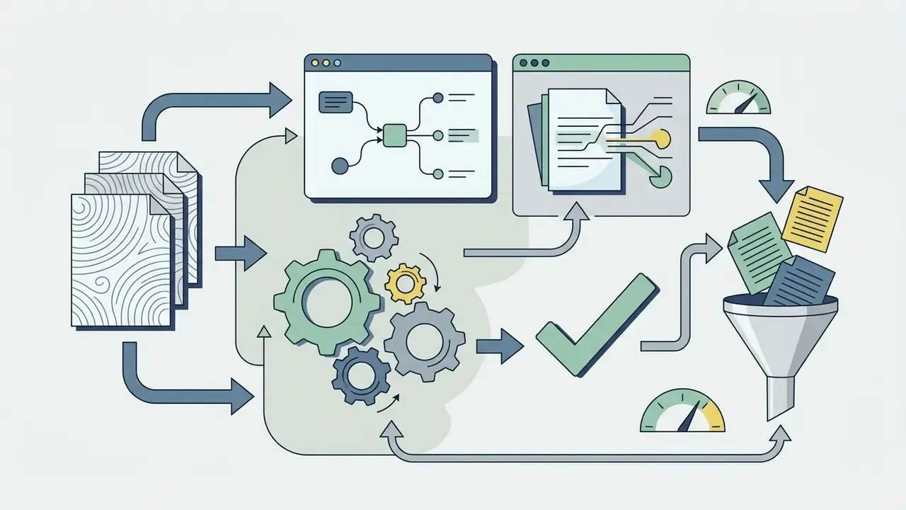 Documents cycle through a gear system and software interfaces to produce validated files and status gauges