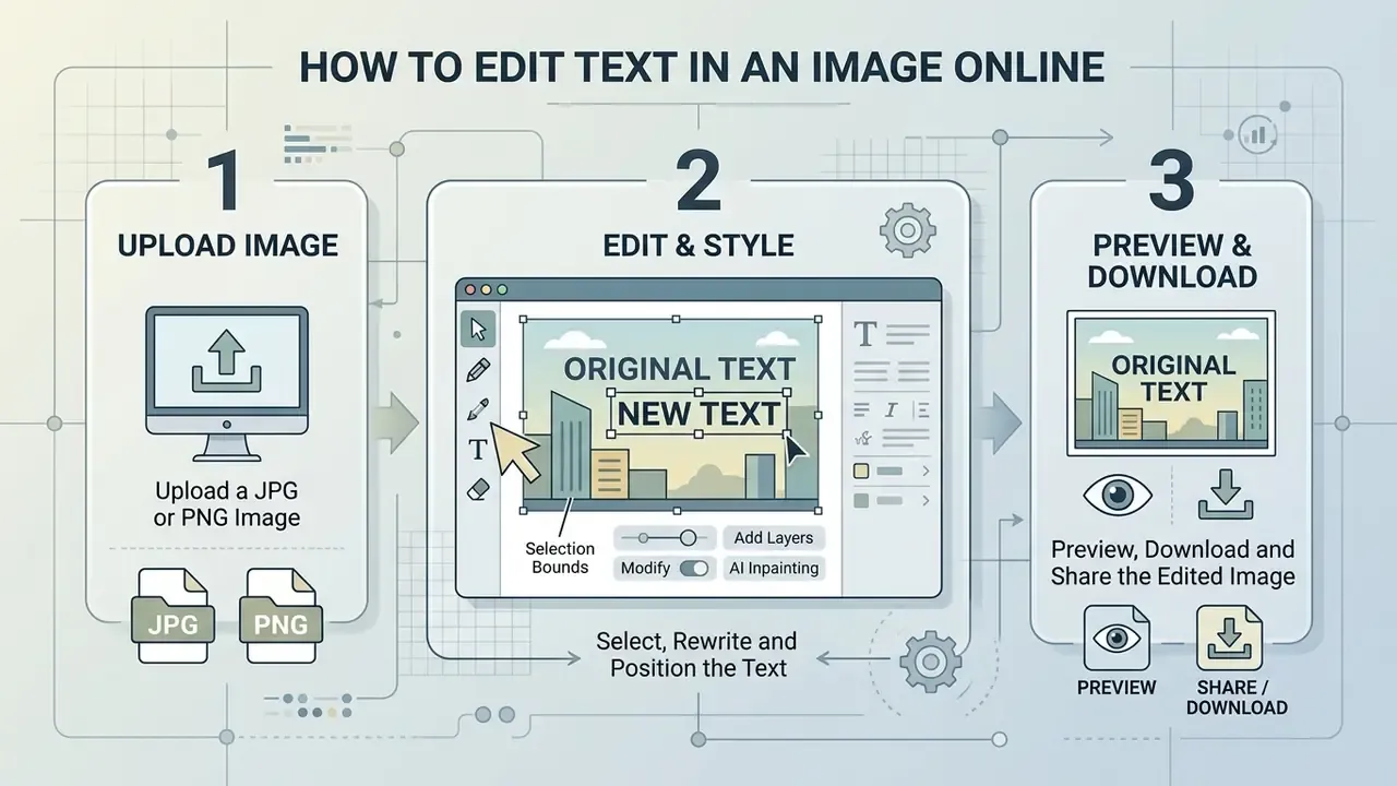 Three-step infographic showing the process to upload, edit, and download images using a photo text editor
