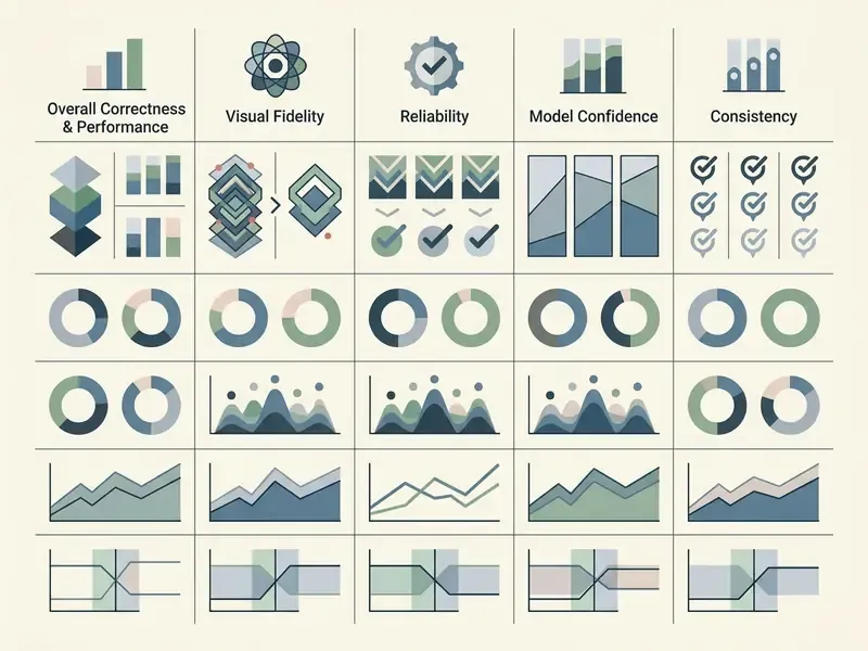 Grid of icons and charts illustrating performance categories for review proof of AI tool outputs