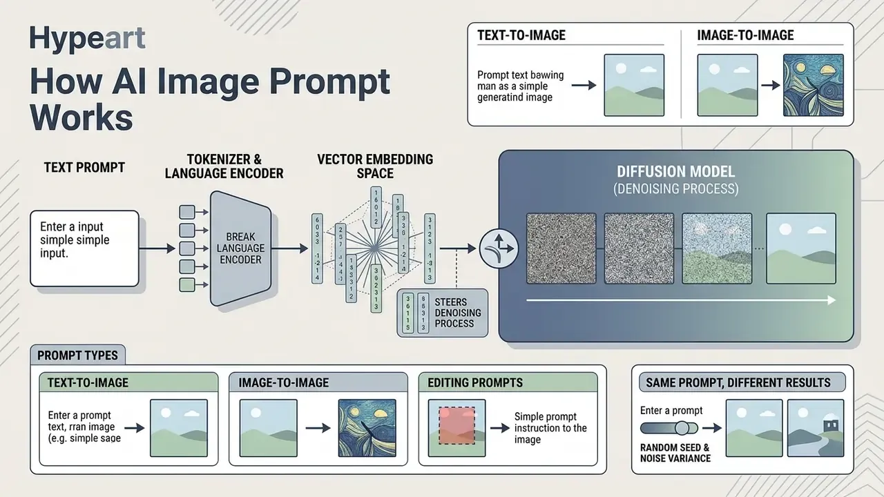 Infographic showing how text prompts are encoded into vector space to steer the AI image denoising process