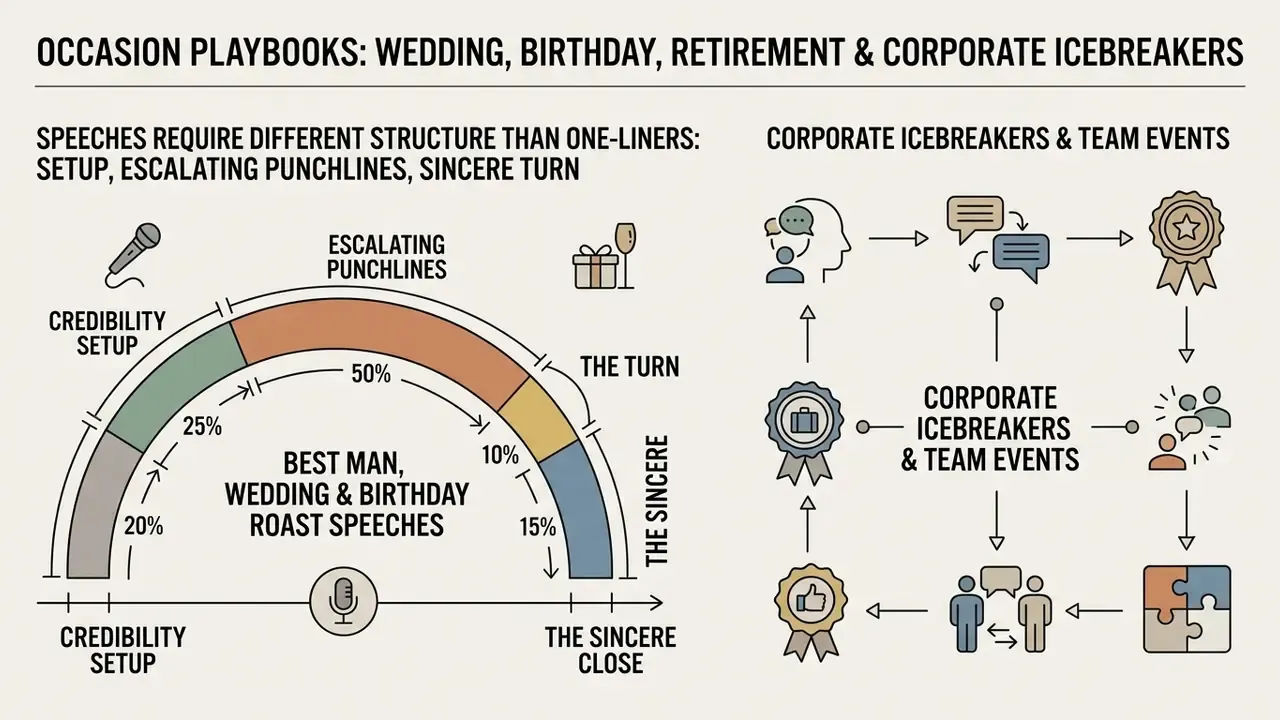 Infographic showing speech structure percentages alongside a circular process flow for team building events