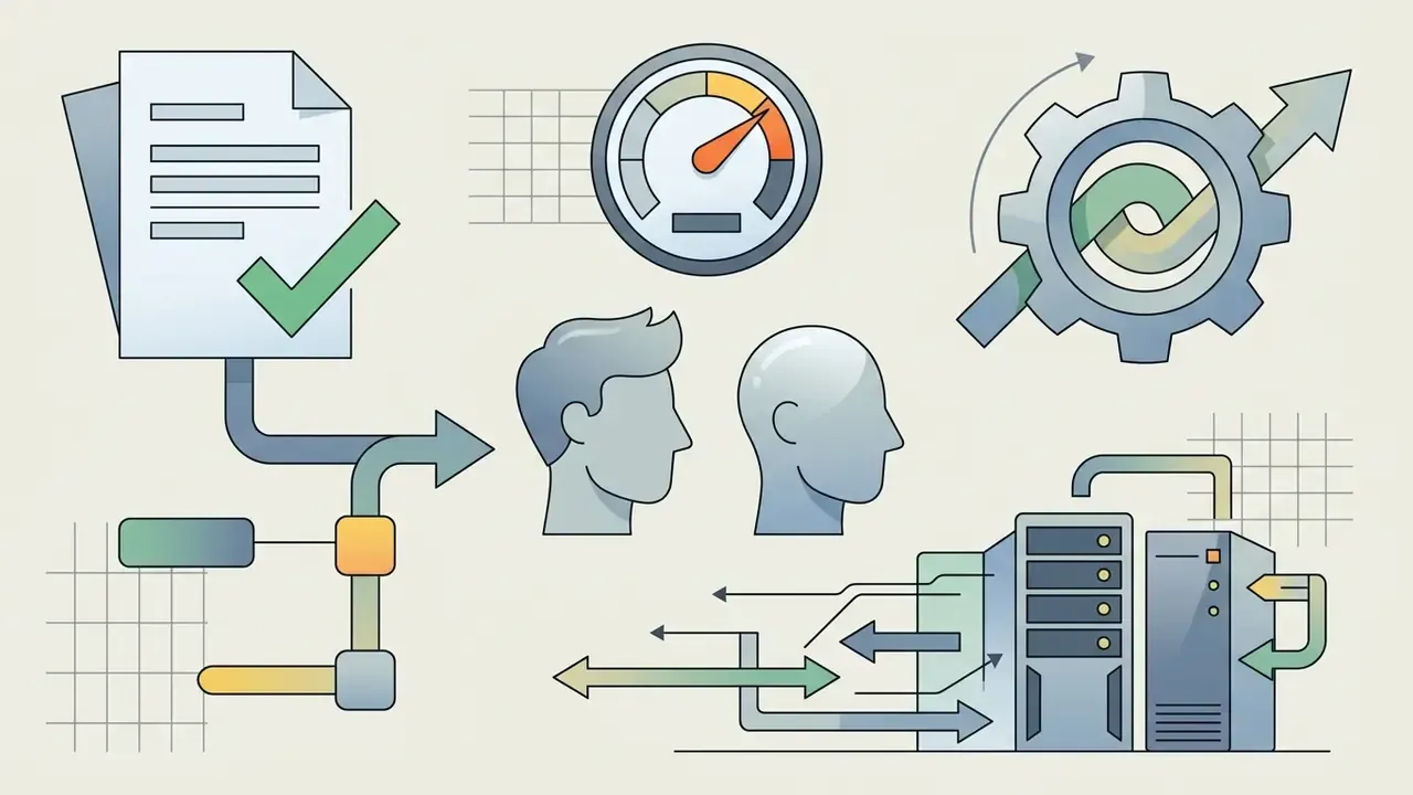 Icons showing document verification, speed measurement, gear optimization, and server data processing