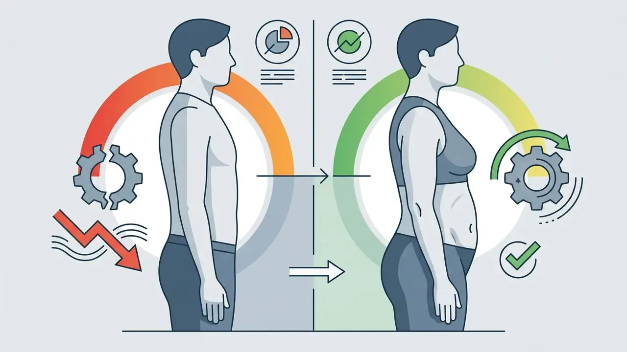 Side by side comparison of human silhouettes with gear icons and arrows indicating body adjustment processes