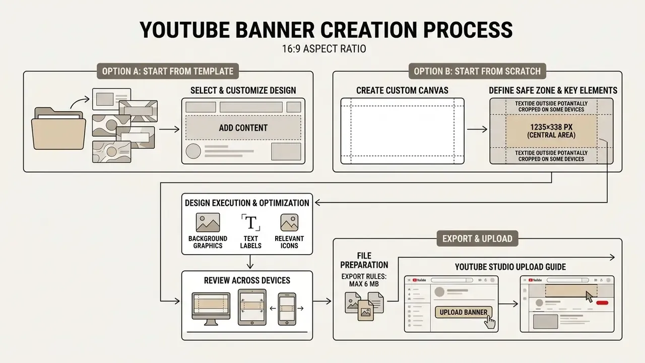 Flowchart outlining the workflow for designing and uploading a YouTube banner from templates or scratch