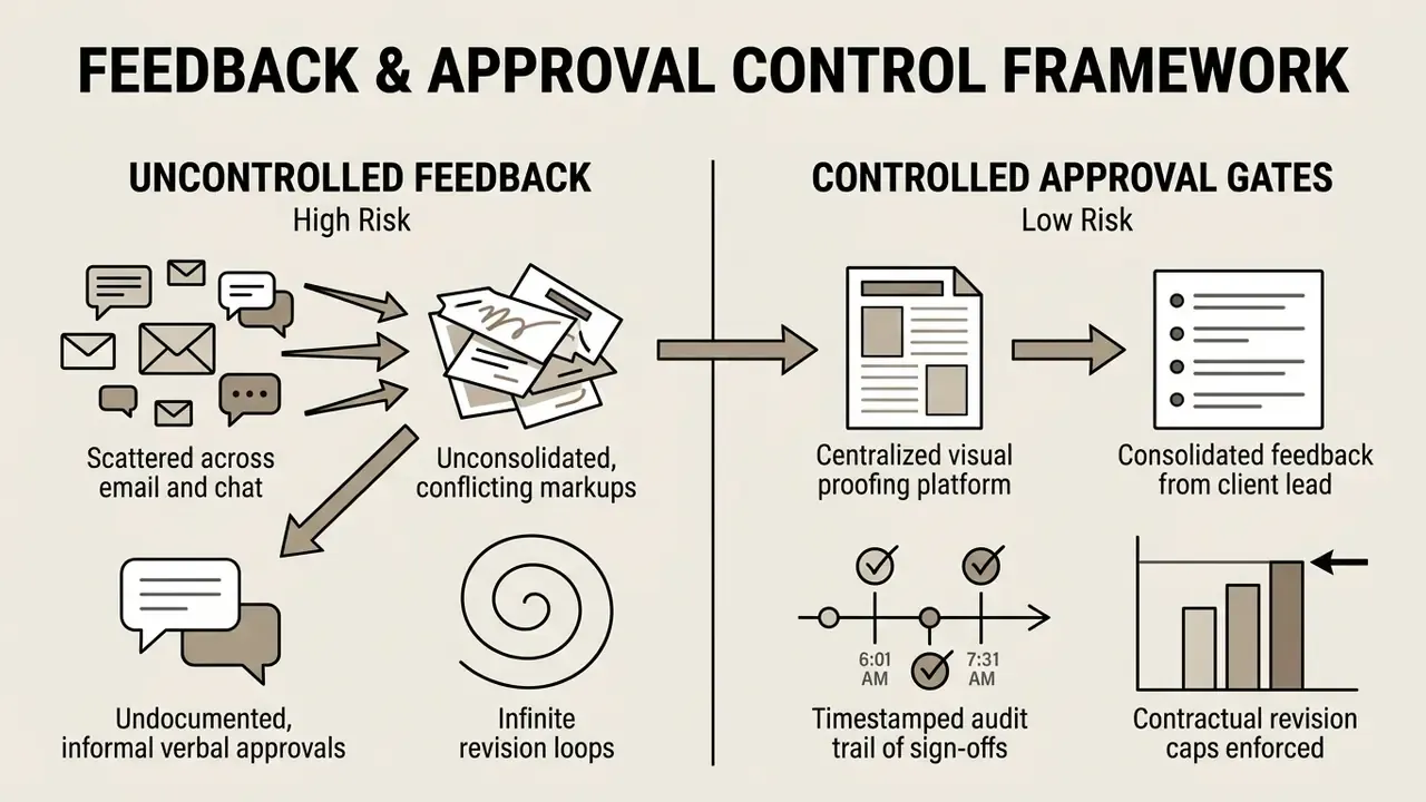Comparison between high-risk uncontrolled feedback and low-risk controlled approval gates for projects