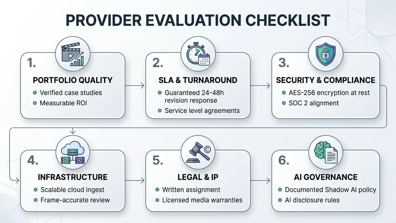 Six-step checklist for evaluating post-production vendors covering security, legal, and infrastructure