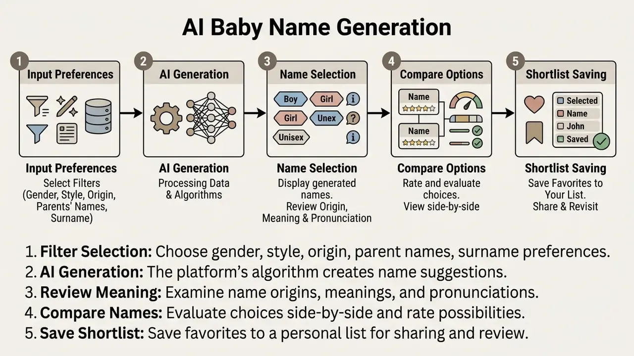 Five step flow chart illustrating the AI baby name generator process from input preferences to saving a shortlist