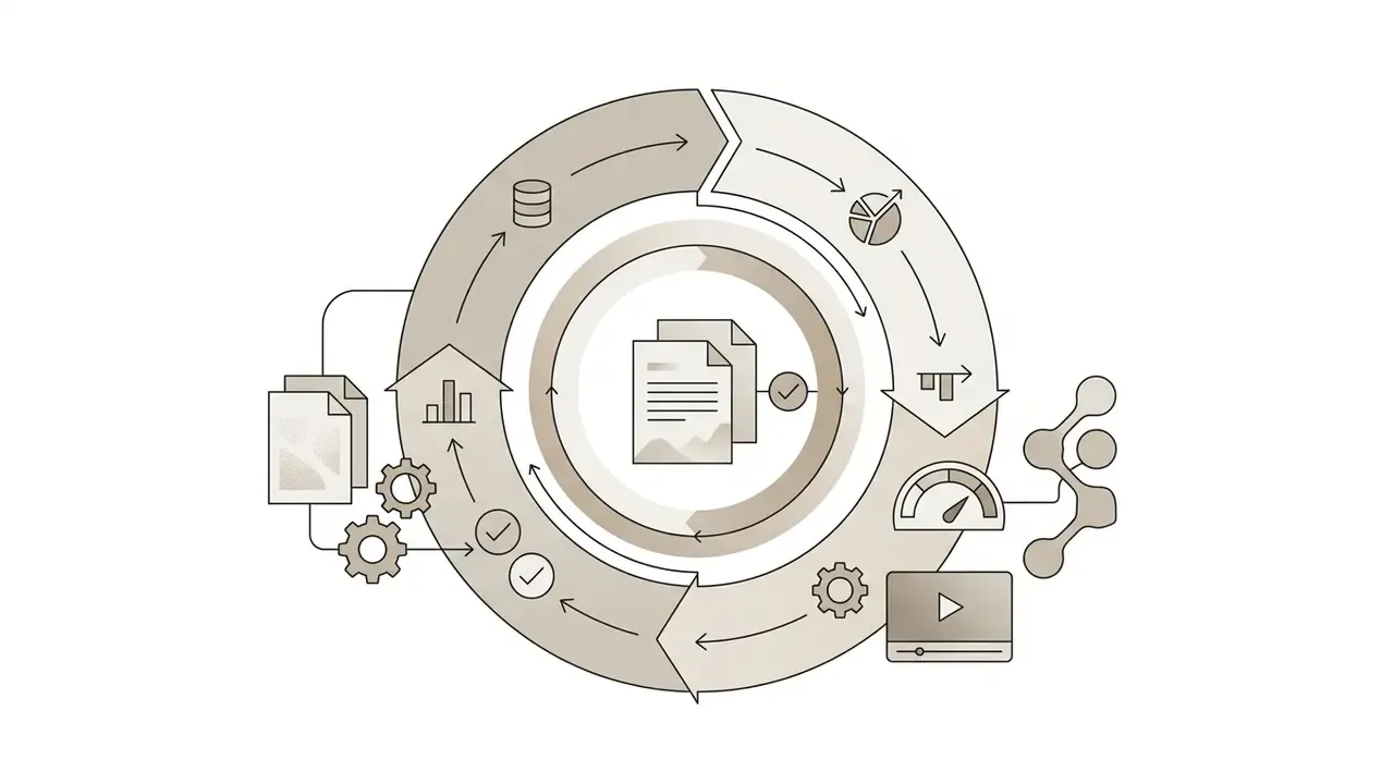Circular process cycle featuring document icons, data charts, gears, and a media player symbol