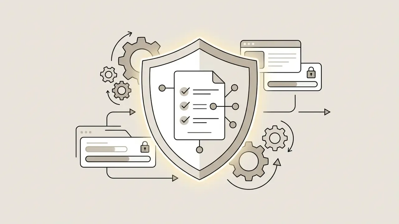 Shield icon containing a checklist document surrounded by gears and data windows with padlock symbols