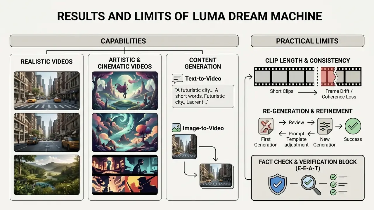 Infographic comparing Luma Dream Machine capabilities against practical limits like clip length and consistency