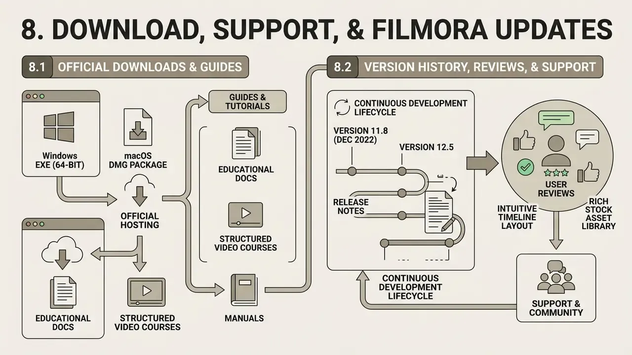 Process map showing software download sources, educational resources, version history, and support channels