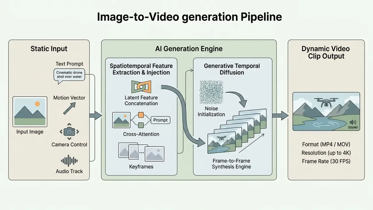 Flowchart showing an AI images to video pipeline from static input to generative engine and video output