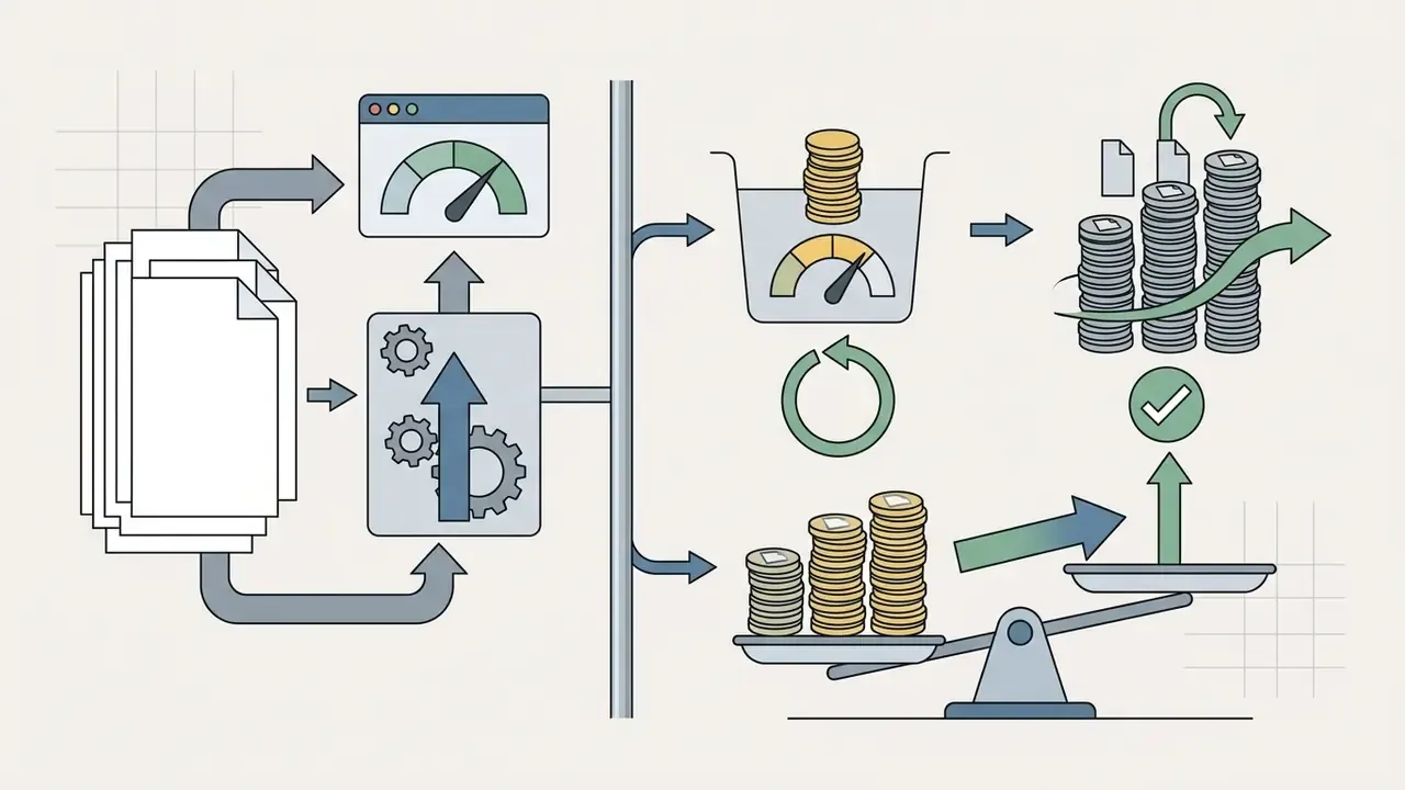 Stack of documents processing through gears and gauges to balance coin stacks against output volume
