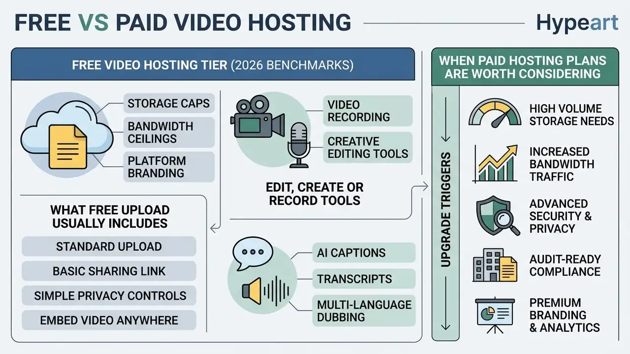 Comparison infographic showing free hosting constraints alongside AI tools and paid plan upgrade triggers