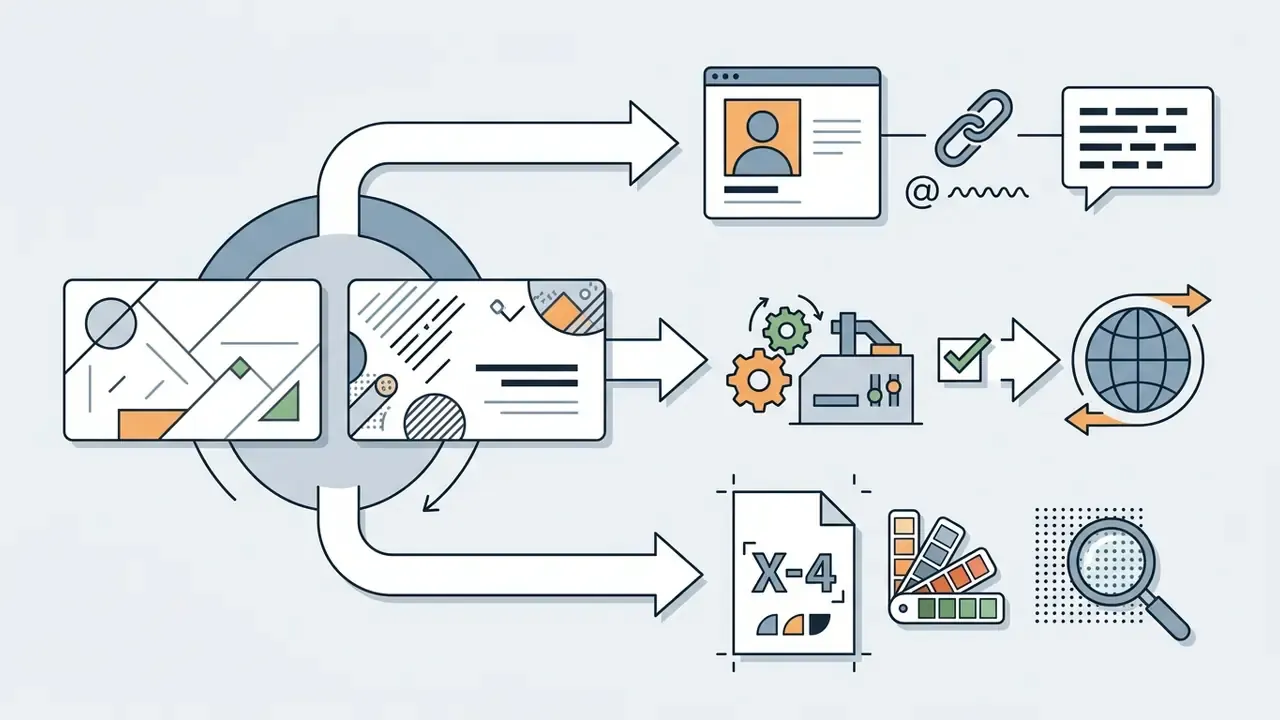 Business card designs branching into social profiles, automated processing, and print production workflows