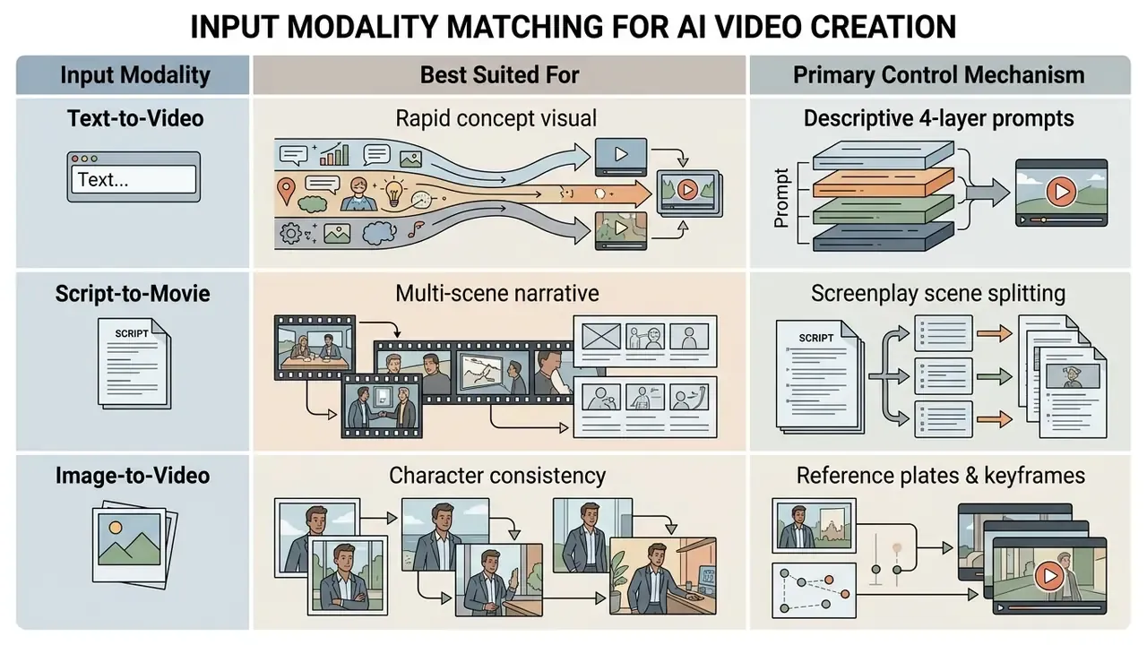 Comparison table outlining input modalities, best uses, and control mechanisms for an AI movie maker