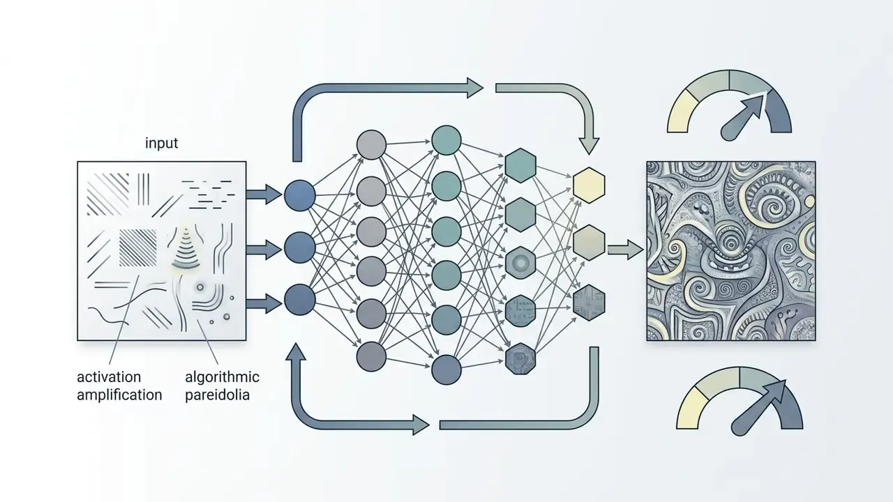 Neural network diagram showing iterative activation amplification to create stylized visual patterns