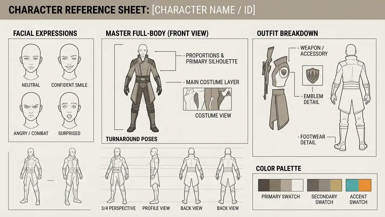 Layout of character facial expressions, full-body poses, outfit components, and a color palette
