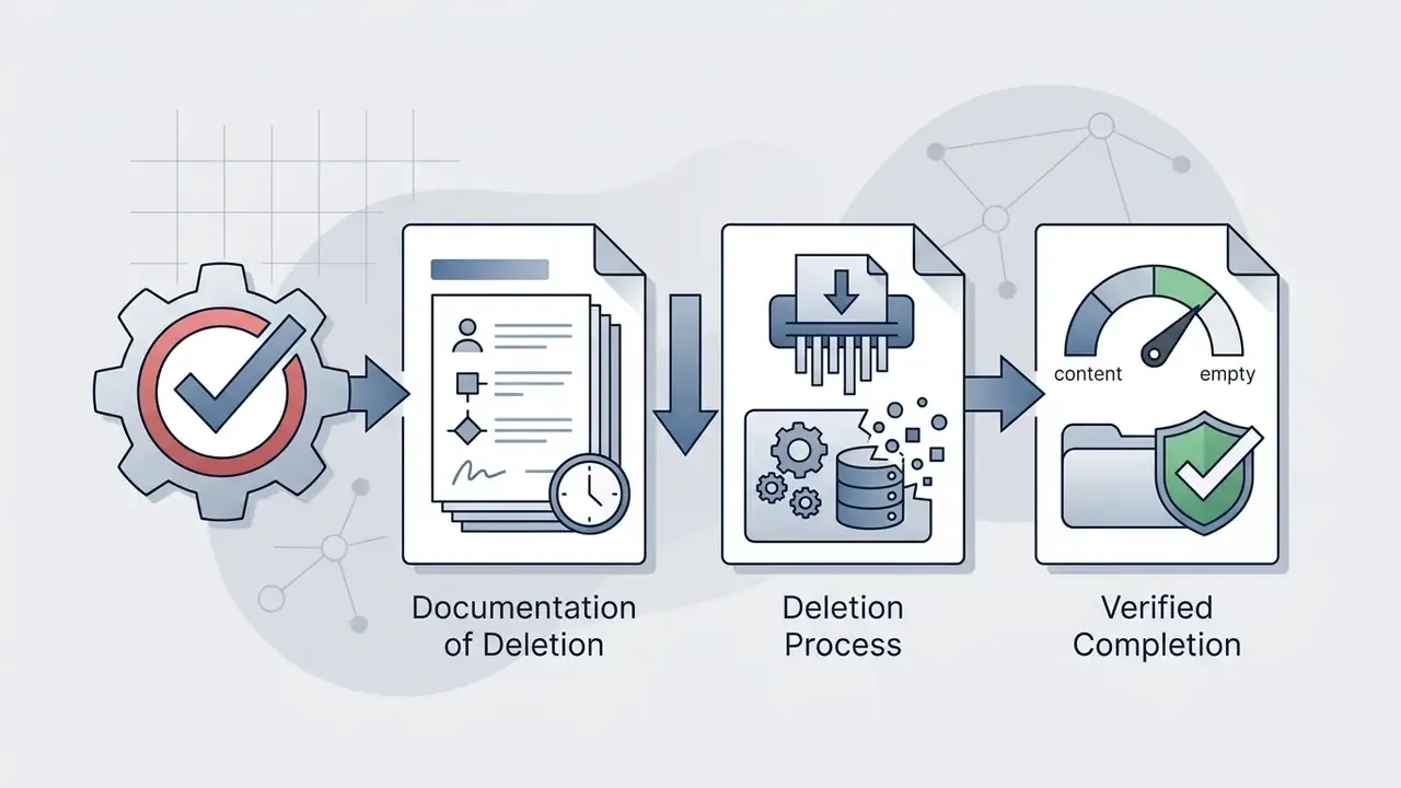 Gear icon leading to document deletion steps with a shredder, database purge, and final status gauge