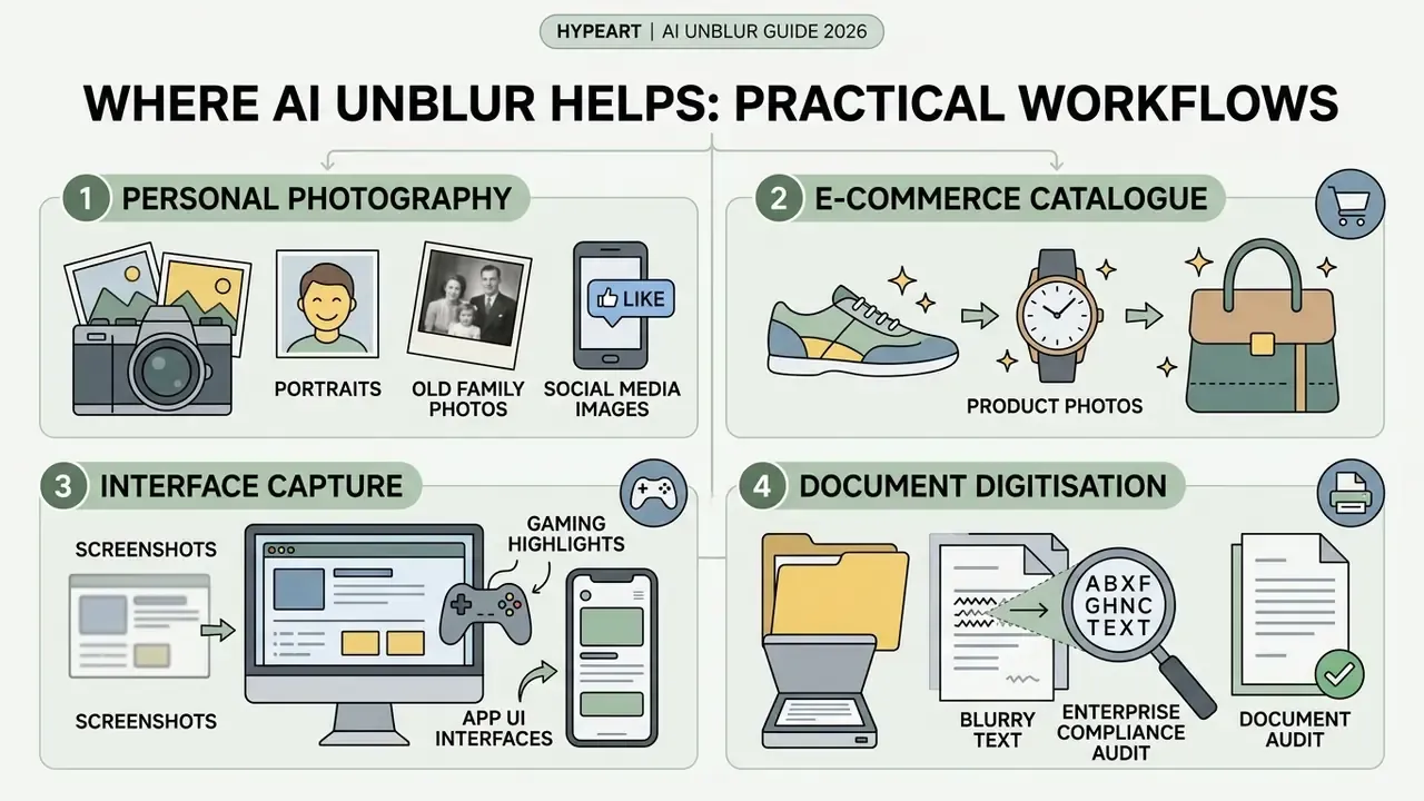 Four categories showing how AI restoration improves personal photos, product images, interfaces, and documents