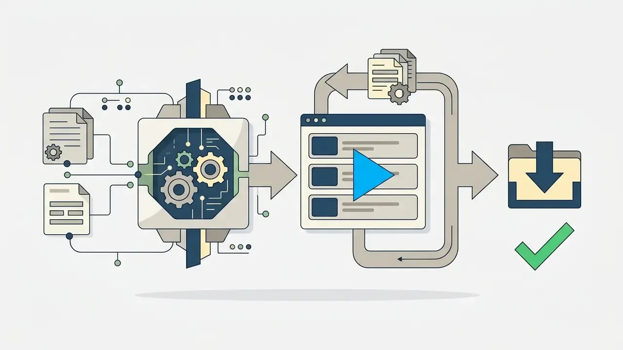 System processing inputs into a preview player with a loop for adjustments and a final download option